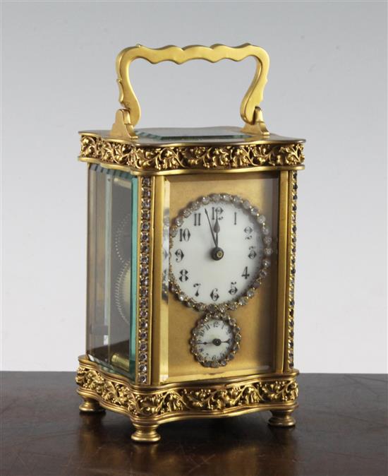 An early 20th century French gilt brass carriage alarm clock, 5.25in.